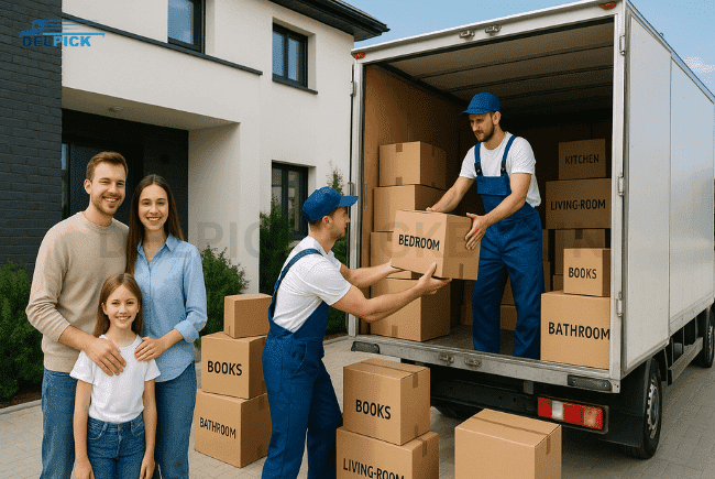 Professional packers and movers loading boxes while family supervises