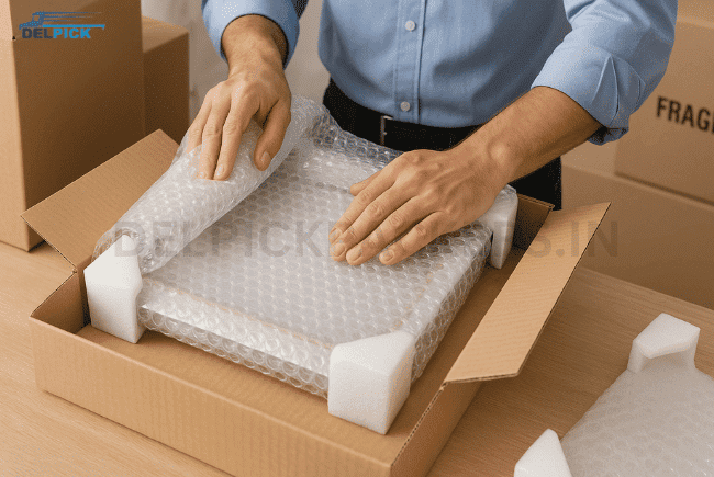 Professional packing fragile items with bubble wrap and boxes
