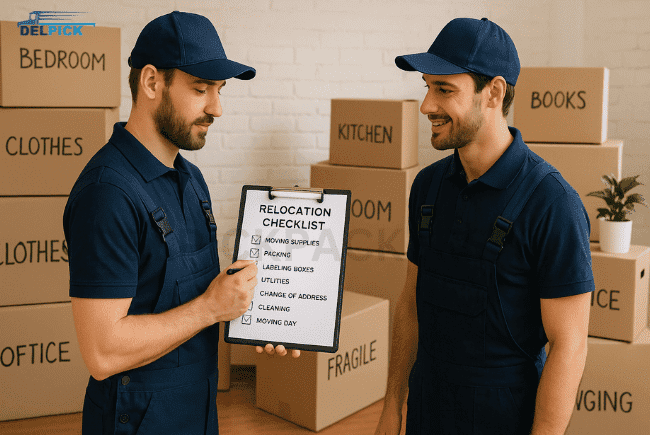 Packers following a moving checklist with labeled boxes