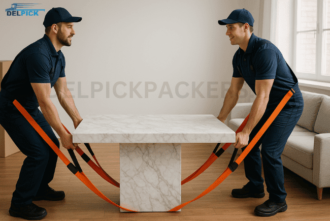 Movers lifting heavy furniture with proper equipment