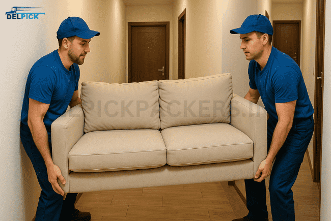 Movers carrying furniture in a tight apartment space