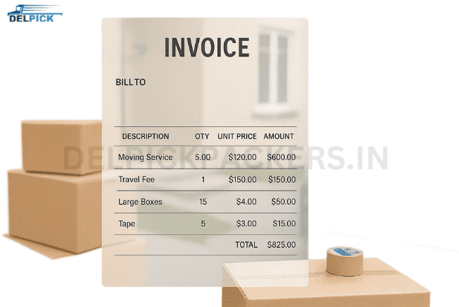 Transparent invoice showing itemized charges for a move Clear invoice from professional packers and movers