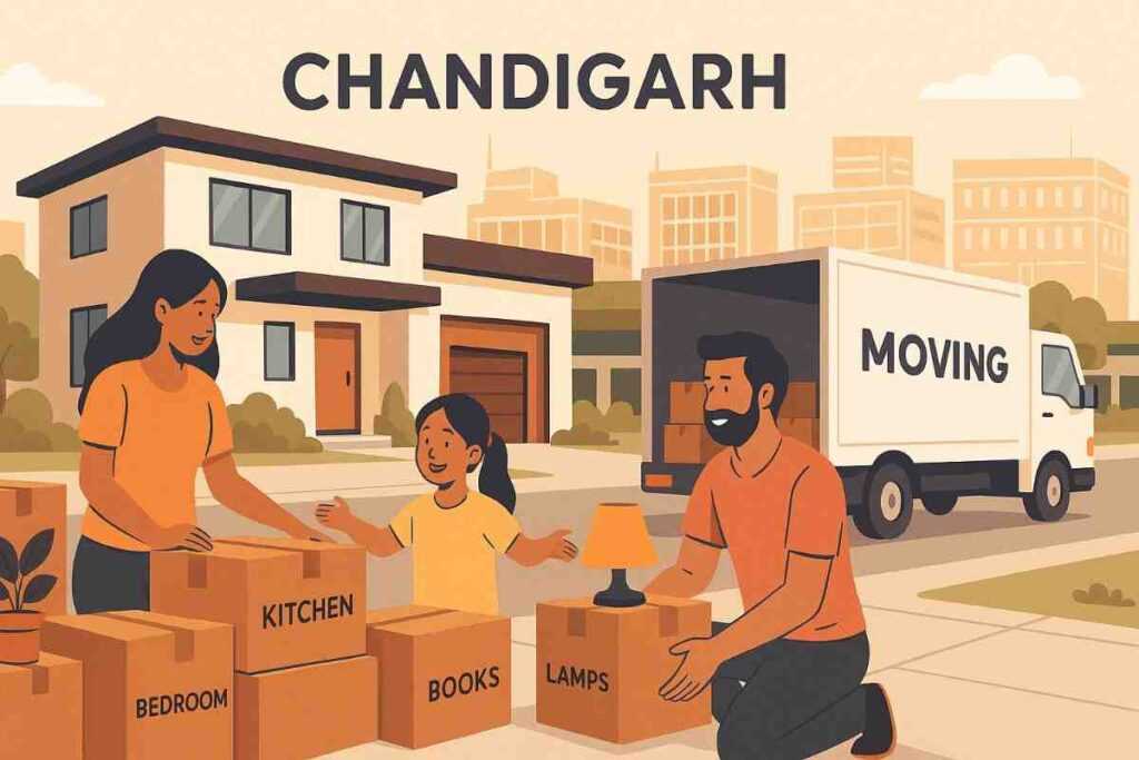 Family preparing for house shifting in Chandigarh with packed boxes and a moving truck.
