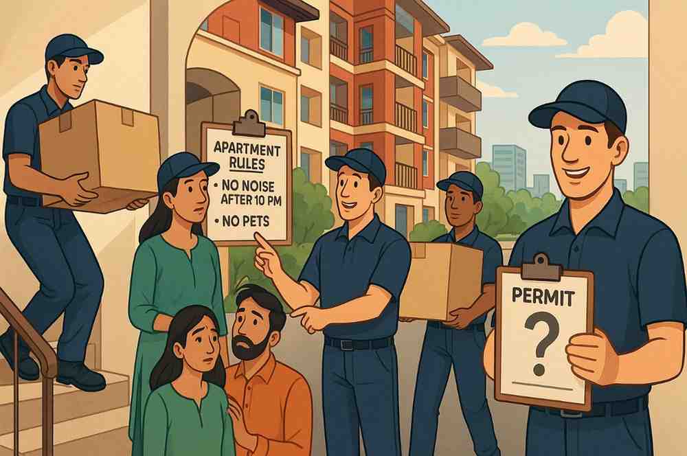 Movers navigating stairs and apartment rules during relocation in Chandigarh.