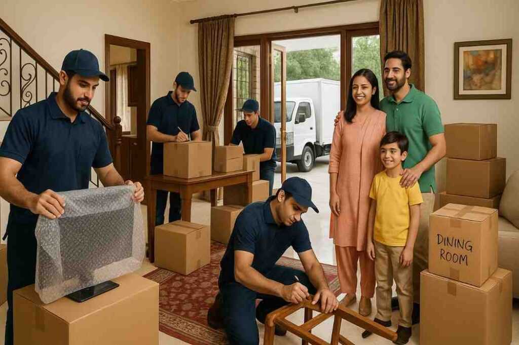 Movers disassembling furniture and packing electronics for a house move in Chandigarh.