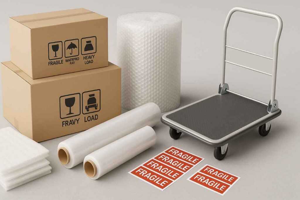 High-quality packing materials like bubble wrap, stretch film, and labeled boxes.