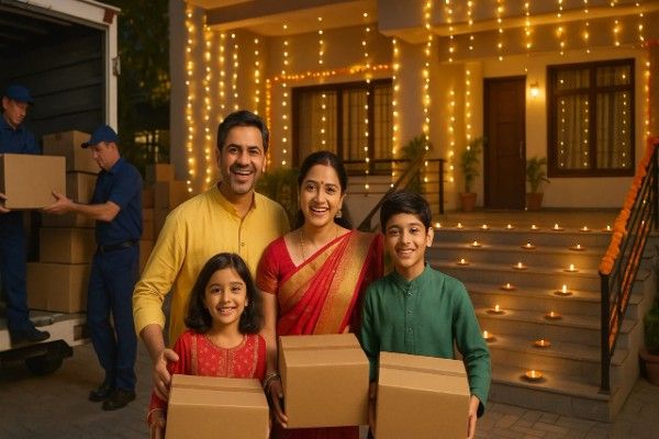 Family preparing for relocation with packers and mover in Chandigarh before Diwali festival